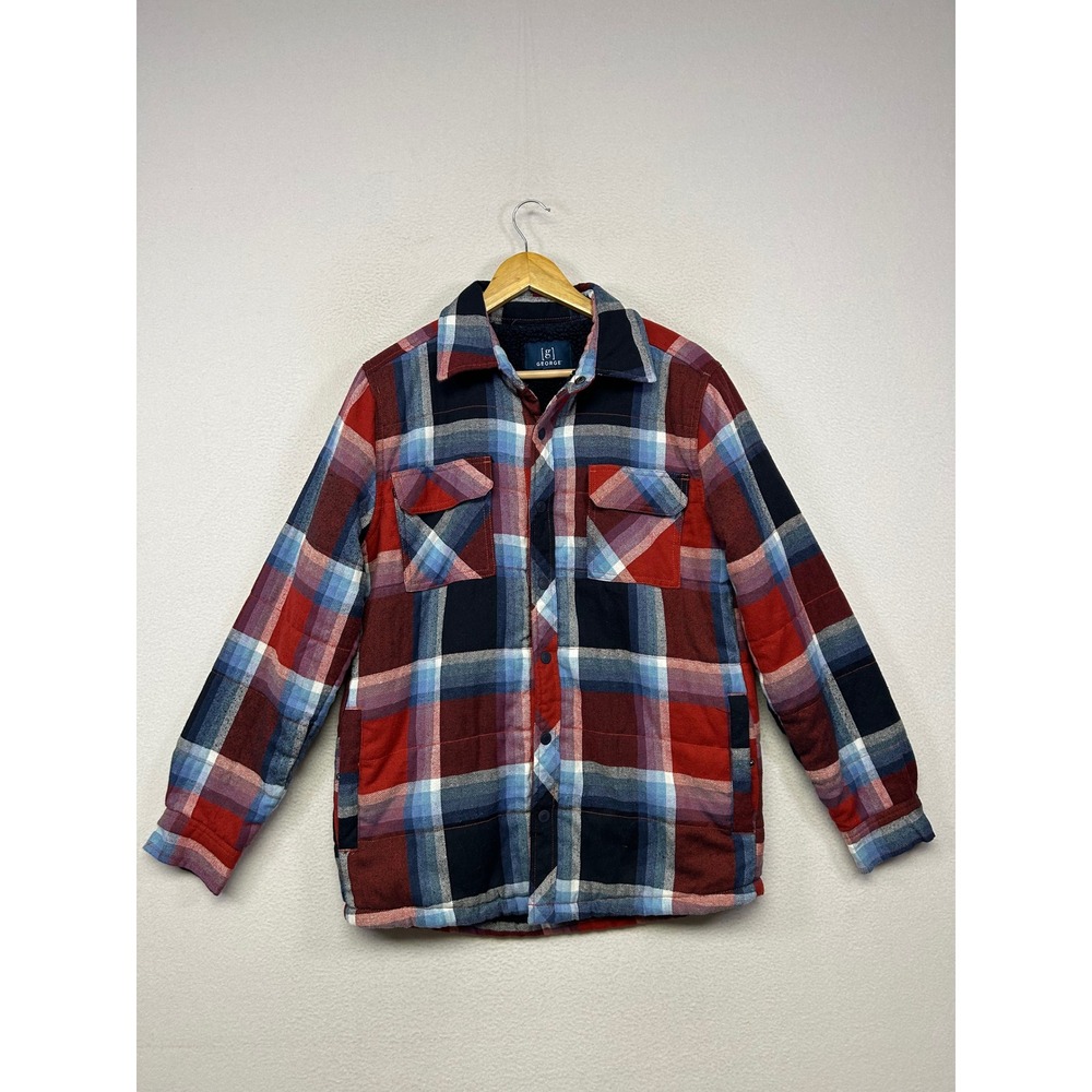 George Plaid Sherpa Lined Shirt Jacket Mens Small Red Blue Flannel Shacket